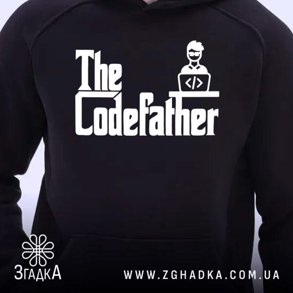 Чорне худі з принтом "The Codefather" на манекені.