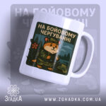 Чашка на бойовому чергуванні, біла, з ракурсу спереду, фон світло-сірий, принт з ведмедем у військовій формі та написом 'НА БОЙОВОМУ ЧЕРГУВАННІ', ручка звичайна, край рівний, глянцева поверхня.