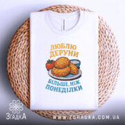Футболка люблю деруни подарунок, біла, складена на плетеній основі, фон білий, принт з картинкою дерунів на тарілці з помідором і соусом, текст жовтим і блакитним кольором.