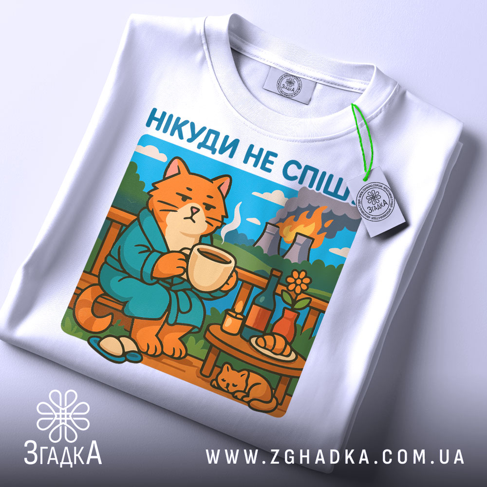 Футболка нікуди не спішу, біла, зображена зверху, фон світлий, принт з котом у халаті, що п'є з чашки, на фоні природа та дим від заводів, з етикеткою.