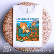 Футболка нікуди не спішу, біла, складена на плетеній основі, фон світлий, принт з котом у халаті, що п'є з чашки, на фоні природа та дим від заводів.