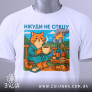 Футболка нікуди не спішу, біла, зображена на манекені, фон однорідний, принт з котом у халаті, що п'є з чашки, на фоні природа та дим від заводів.