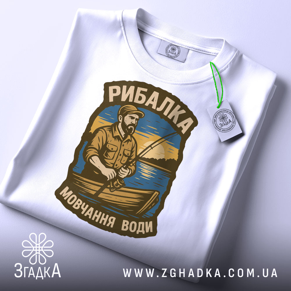 Футболка рибалка на воді, біла, складена на столі, фон білий, принт з рибалкою на човні з вудкою, прикріплений етикет.
