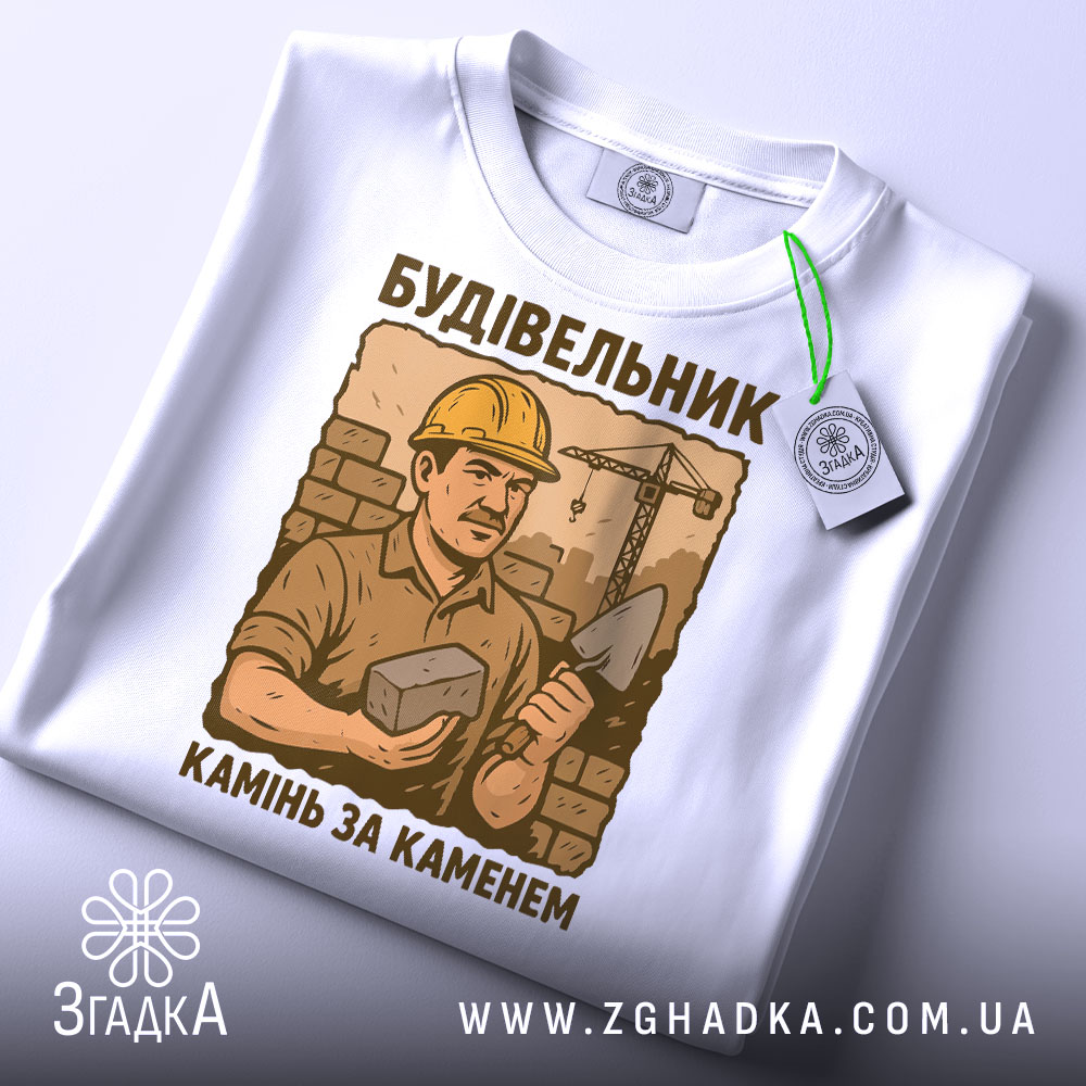 Футболка з малюнком будівельника, білого кольору, зображена з верхнього ракурсу, фон світлий, принт з будівельником у жовтому касці, що тримає камінь і лопату, текст під малюнком: 'Камінь за каменем', на футболці є етикетка.