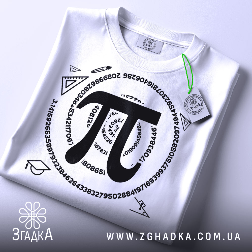 Футболка з символом пі, білого кольору, складена на столі, фон світлий, принт чорного кольору з числом пі та математичними символами, на футболці зелений ярлик.