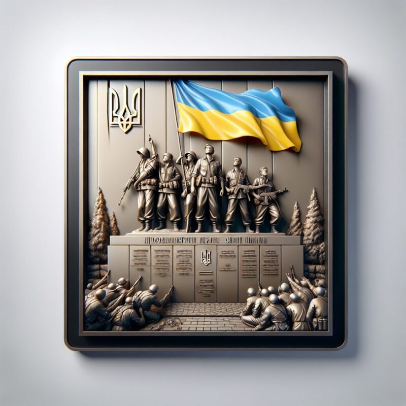 Меморіальні таблички памʼяті героїв на хрестовині з трояндою і сонцем.