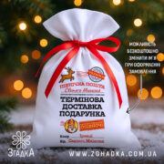 Мішечок пошта Миколая білий габардин із червоною стрічкою та принтом “Термінова доставка подарунка” на фоні ялинки.