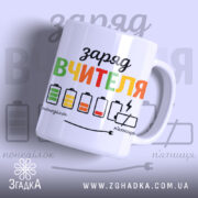 Чашка рівень заряду вчителя. Білий фон, ракурс з правого боку, на чашці кольоровий принт з написом "заряд вчителя" та малюнками батарейок. Ручка класична, край рівний, поверхня глянцева.