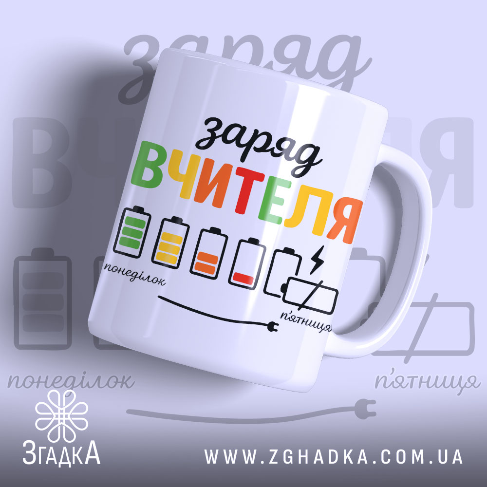 Чашка рівень заряду вчителя. Білий фон, ракурс з правого боку, на чашці кольоровий принт з написом "заряд вчителя" та малюнками батарейок. Ручка класична, край рівний, поверхня глянцева.