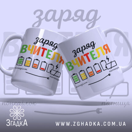 Чашка рівень заряду вчителя. Білий фон, ракурс з двох чашок, що стоять поруч, кольоровий принт з написом "заряд вчителя" та малюнками батарейок. Ручки класичні, краї рівні, поверхня глянцева.