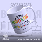 Чашка рівень заряду вчителя. Білий фон, ракурс з правого боку, на чашці кольоровий принт з написом "заряд вчителя" та малюнками батарейок. Ручка класична, край рівний, поверхня глянцева.