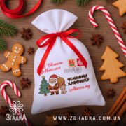 Персоналізований дитячий подарунковий мішечок серед імбирних пряників і новорічних цукерок.