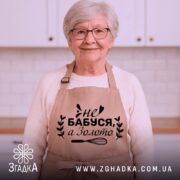 Фартух бабуся золото на усміхненій літній жінці, тепла домашня атмосфера.