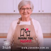 Фартух для мами на усміхненій бабусі, теплий домашній інтер’єр, еластичний друк, зручна кишеня.