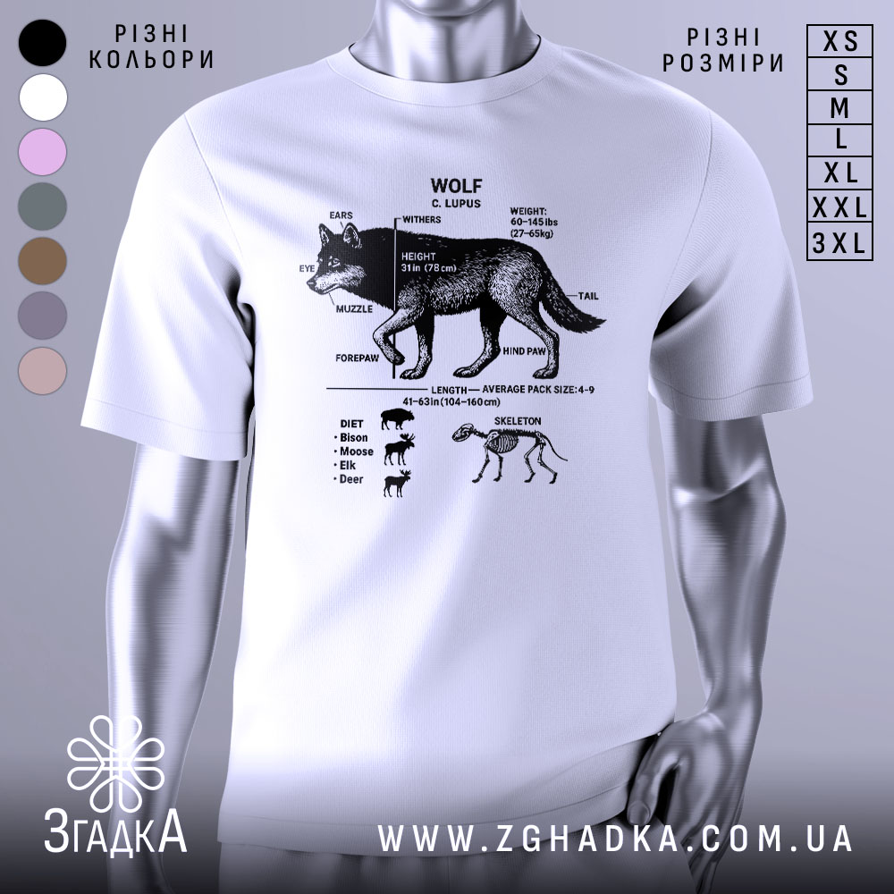 Futbolka Anatomiia Vovka Styl Dlia Smilyvykh 1 Футболка анатомія вовка, біла, зображена на манекені з правого боку, фон нейтральний, принт чорного кольору з деталями анатомії вовка.