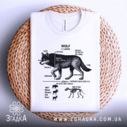 Футболка анатомія вовка, біла, зображена на плетеній основі, фон натуральний, принт чорного кольору з деталями анатомії вовка.