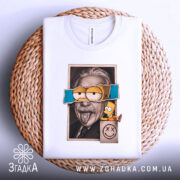 Футболка арт гумор, біла, зображена на плетеній основі, фон світло-сірий, принт з обличчям чоловіка в окулярах і персонажем Бартом Симпсоном, чоловік показує язик, на фоні смайлик.