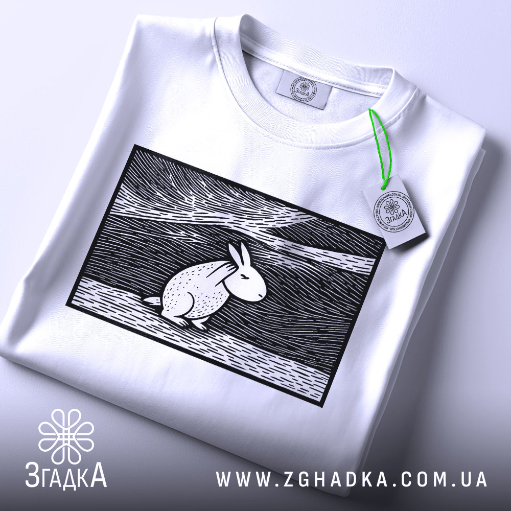 Футболка арт заєць білого кольору, складена на поверхні, ракурс зверху, фон світло-сірий, принт з зображенням зайця в стилі лінійного малюнка, прикріплена етикетка з зеленим шнурком.