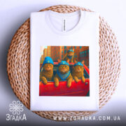 Футболка бандитські коти, біла, складена на плетеній основі, з принтом котів у блакитних шапках і бандана, ракурс зверху, фон однотонний.