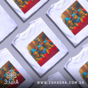 Футболка бандитські коти, біла, зображення котів у блакитних шапках і бандана, ракурс спереду, фон місто з висотними будівлями.