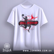 Футболка баскетбол стань легендою, біла футболка з коротким рукавом, зображення баскетболіста в динамічній позі, принт у чорному та червоному кольорах, фон нейтральний, без зайвих деталей.