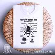 Футболка бджола принт білого кольору, складена на плетеній кошику, фон світло-сірий, принт чорного кольору з зображенням бджоли та текстом.
