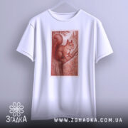 Футболка білка лісова марка, біла, підвішена на вішалці, фон світло-сірий, принт з білкою на дереві в червонувато-коричневих тонах.