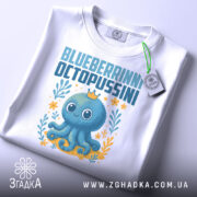 Футболка Blueberrinni Octopussini білого кольору, зображена в складеному вигляді на білому фоні. Принт з восьминогом, оточеним квітами та рослинами, з короною на голові, з етикеткою на комірці.