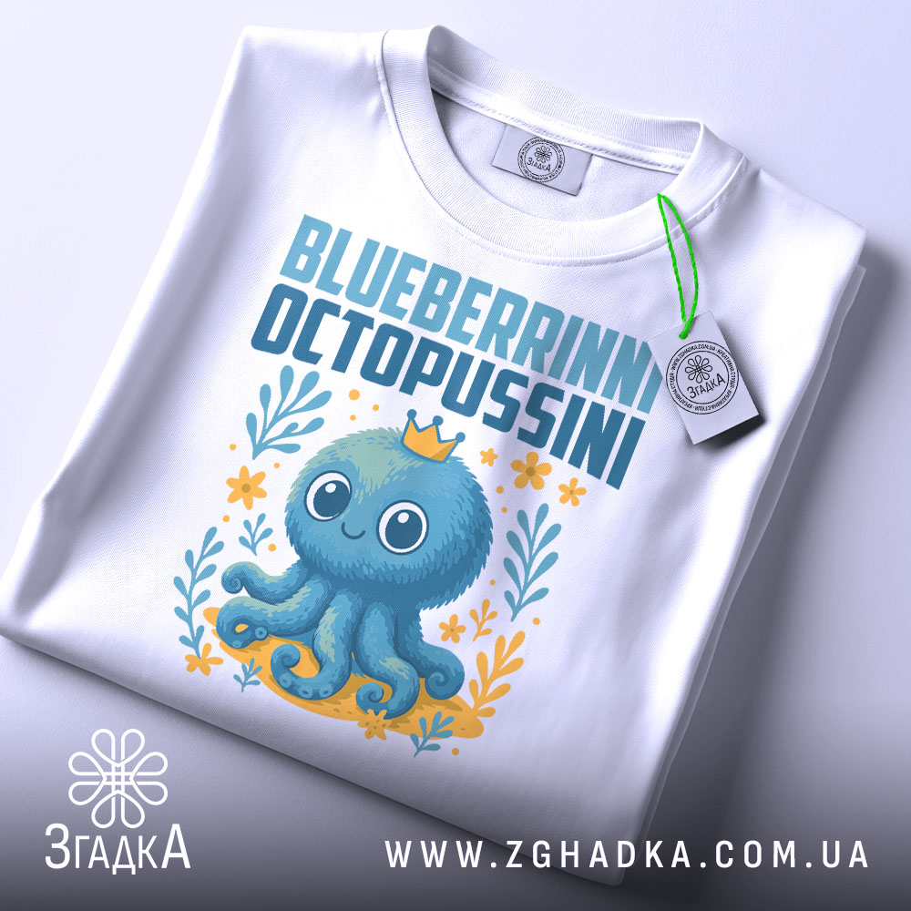 Футболка Blueberrinni Octopussini білого кольору, зображена в складеному вигляді на білому фоні. Принт з восьминогом, оточеним квітами та рослинами, з короною на голові, з етикеткою на комірці.