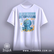 Футболка Blueberrinni Octopussini білого кольору, зображена з фронтального ракурсу на вішалці, фон світло-сірий. Принт з веселим восьминогом, оточеним рослинними елементами та квітами, з короною на голові.