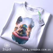 Футболка бойовий тюлень, біла, зображена на столі, фон світло-сірий, принт з тюленем у військовій касці, на ярлику зелена стрічка.