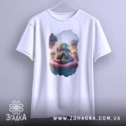 Футболка бойовий тюлень, біла, підвішена на вішалці, фон світло-сірий, принт з тюленем у військовій касці на рятувальному колі, навколо дим і вибухи.