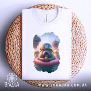 Футболка бойовий тюлень, біла, складена на плетеній кошику, фон білий, принт з тюленем у військовій касці на рятувальному колі, навколо дим і вибухи.