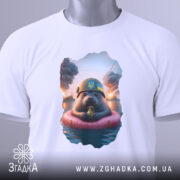 Футболка бойовий тюлень, біла, зображена на столі, фон світло-сірий, принт з тюленем у військовій касці, на ярлику зелена стрічка.