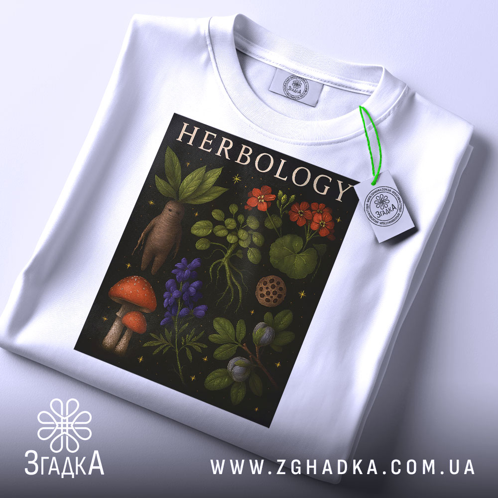 Футболка ботанічний арт, біла, складена на столі, фон світло-сірий, принт з рослинами та грибами, тег з логотипом прикріплений до коміра.