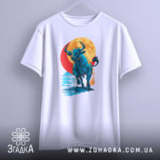 Футболка бик енергія, біла, підвішена на вішалці, фон світло-сірий, принт з биком, що біжить на фоні червоного сонця, видно округлі краї рукавів.