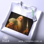 Футболка чарівник з доларами, біла, складена на столі, фон білий, принт зображає чоловіка з довгим волоссям і бородою, який тримає гроші і меч, на футболці є етикетка з зеленим шнурком.