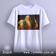 Футболка чарівник з доларами, біла, підвішена на вішалці, фон світло-сірий, принт зображає чоловіка з довгим волоссям і бородою, який тримає гроші і меч.