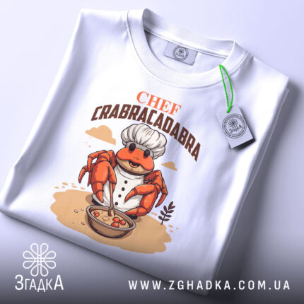 Футболка Chef Crabracadabra білого кольору, зображена в складеному вигляді, фон світло-сірий, принт з крабом у кухарському костюмі, який готує страву в мисці, на етикетці зелена стрічка.