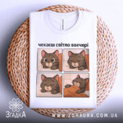 Футболка чекаєш світло, біла, зображена зверху на плетеній основі, фон світло-сірий, принт містить чотири квадрати з малюнками котів, які сплять, текст зверху: 'чекаєш світло ввечері'.