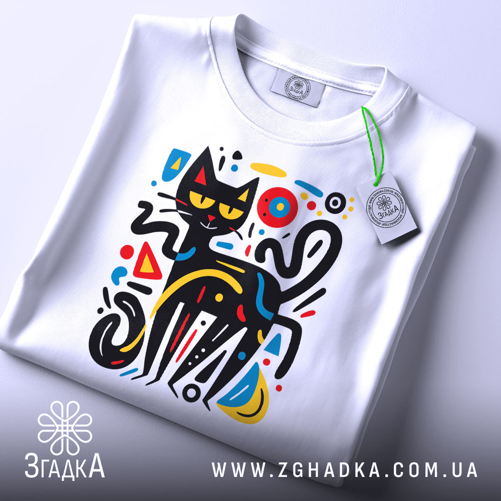 Футболка чорний кіт на білому фоні, зображена зверху, складена, принт з абстрактним чорним котом з жовтими очима, на ярлику зелена стрічка.