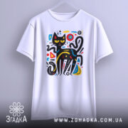 Футболка чорний кіт на білому фоні, зображена з фронтального ракурсу, підвішена на вішалці, принт з абстрактним чорним котом з жовтими очима та кольоровими елементами.