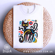 Футболка чорний кіт на білому фоні, зображена зверху, складена на плетеній основі, принт з абстрактним чорним котом з жовтими очима та кольоровими геометричними елементами.