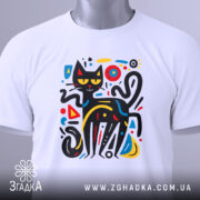 Футболка чорний кіт на білому фоні, зображена зверху, складена, принт з абстрактним чорним котом з жовтими очима, на ярлику зелена стрічка.