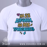 Футболка дівчина тривожність подарунок. Біла футболка на манекені, з принтом 'НА 2% ДІВЧИНА, НА 98% ТРИВОЖНІСТЬ'. Фон світло-сірий, акцент на кольоровому тексті.