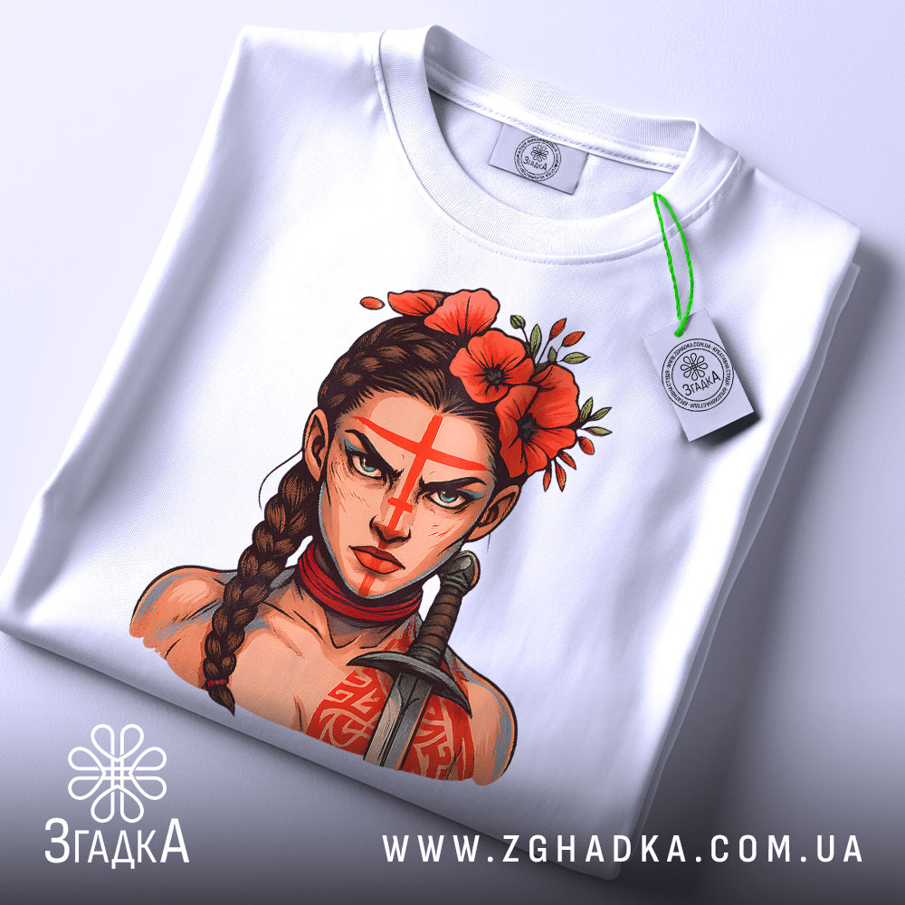 Футболка Дівчина Войовниця, біла, складена на столі, фон світло-сірий, принт з зображенням дівчини з червоними квітами на голові та мечем, етикетка з зеленим шнурком.