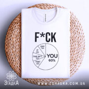 Футболка для бунтарів, біла, складена на плетеній основі, фон світло-сірий, принт чорного кольору з текстом 'F*CK' та графіком, що показує розподіл відсотків.