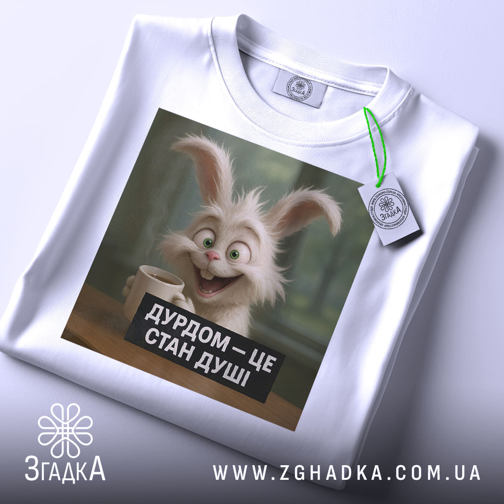 Футболка дурдом стан душі, біла, зображена на столі, фон світло-сірий, принт з усміхненим кроликом, що тримає чашку, текст на принті чорний з білими літерами, на комірці є етикетка.