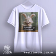 Футболка дурдом стан душі, біла, підвішена на вішалці, фон світло-сірий, принт з веселим кроликом, який тримає чашку, текст на принті чорний з білими літерами.