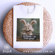 Футболка дурдом стан душі, біла, складена на плетеній основі, фон світло-сірий, принт з усміхненим кроликом, що тримає чашку, текст на принті чорний з білими літерами.